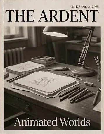 Cover of The Ardent No. 128, August 2025: Animated Worlds. An animator's desk with pencils, drawings and a lamp.